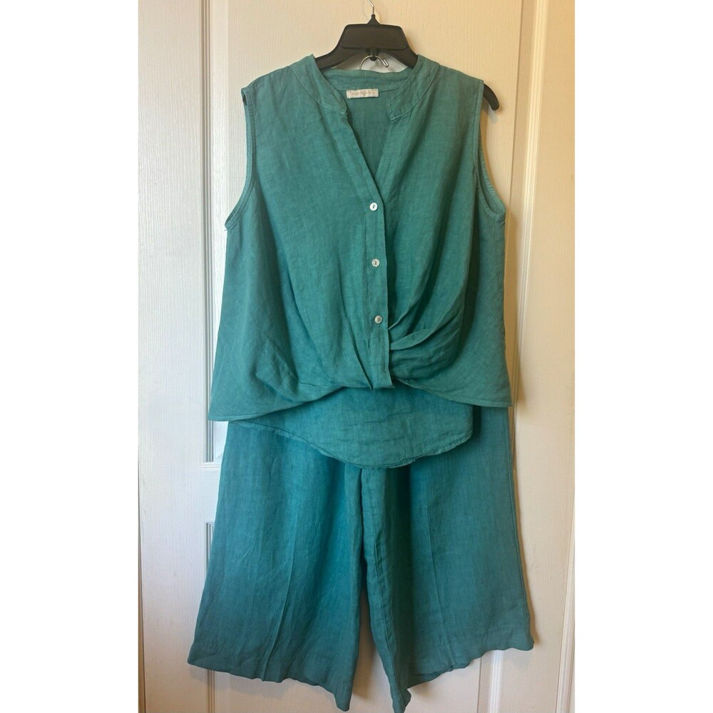 Milo Milano 100% Linen Set Sleeveless V-Neck Button Top Wide-Leg Pants Medium